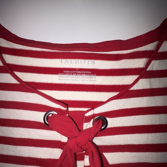 Talbots Red & White Striped Top Tie Front Size Large Nautical Cotton 3/4 Sleeves - Picture 5 of 9